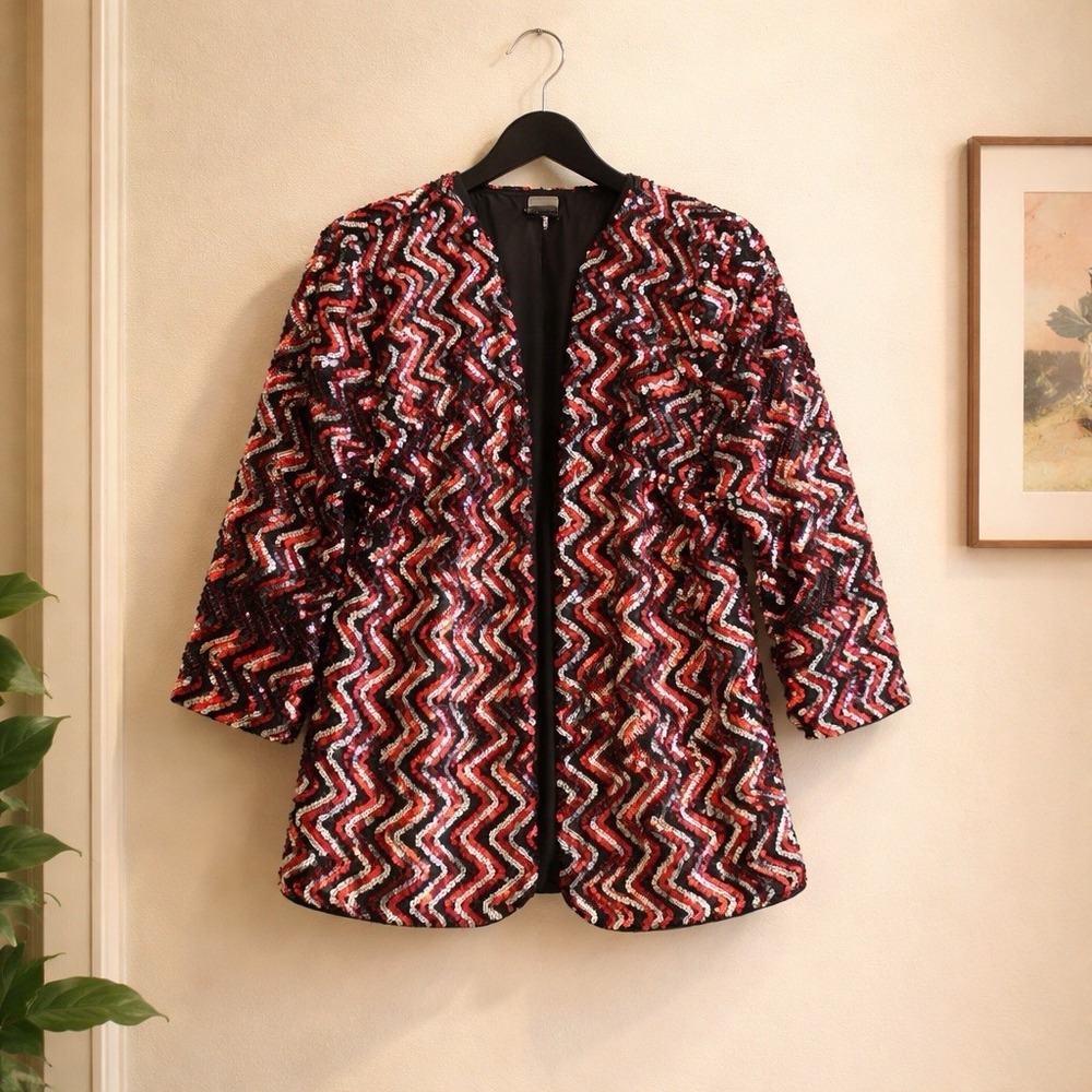 Vintage David‎ Alan California Sequin Jacket Red Silver Black Zig Zag Party  L